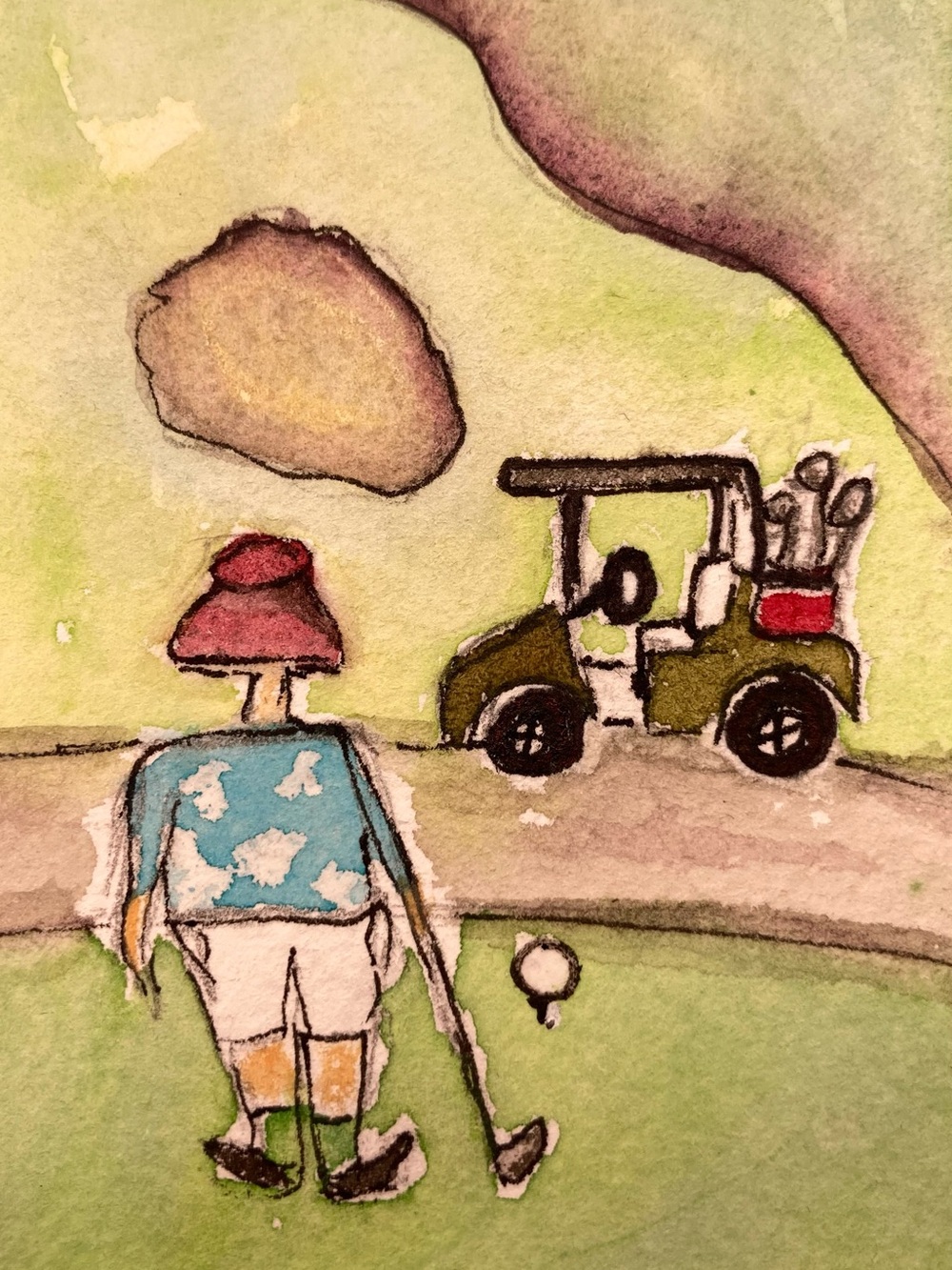 Original Golf Watercolor Painting - Green, Blue, Pink Accents